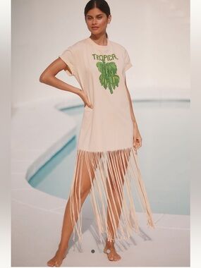 FARM RIO x ANTHROPOLOGIE short sleeve maxi fringe dress